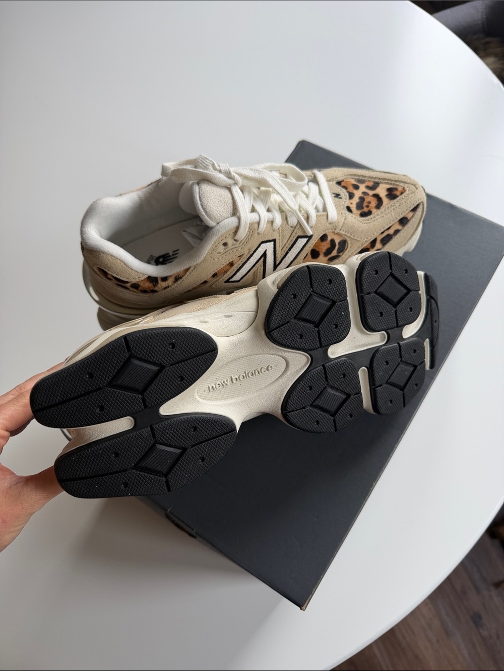 New Balance Women's Leopard Print Cream and Tan Sneakers - Picture 3 of 5